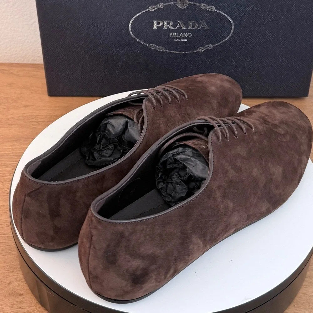 Prada Mens Vit.Scamosciato Suede Oxford Shoes Moro Brown 2EG448 Size 10.5